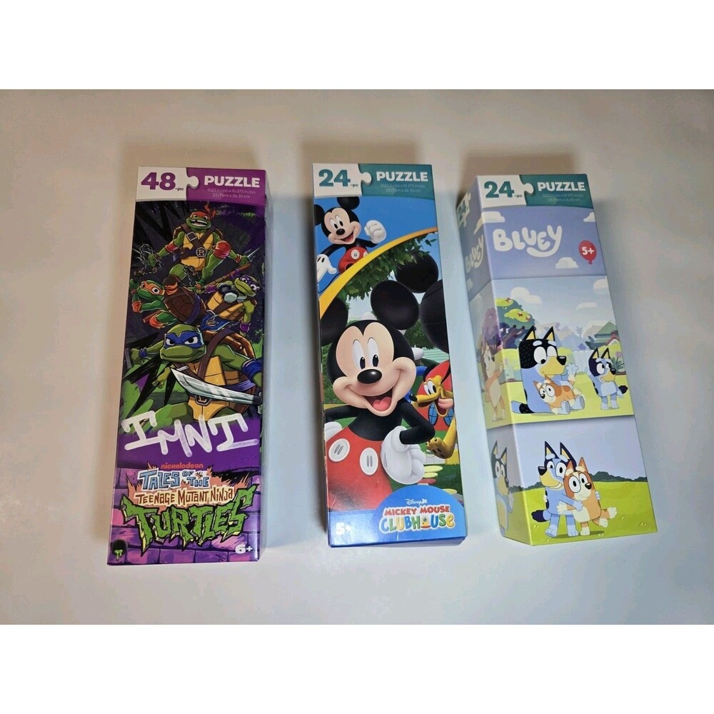 Kids 3 Puzzle Bundle Lot Bluey- Mickey Mouse -TMNT Ninja Turtles/ 24 /48 Pc New